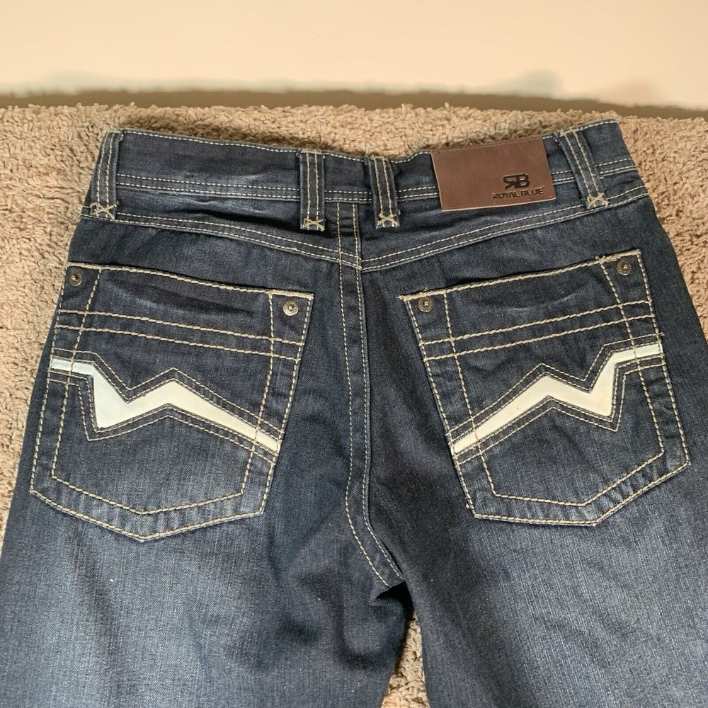 Vintage Royal Blue Jeans 32x32 Straight Fit Faded Whiskers Embroidered Pocket